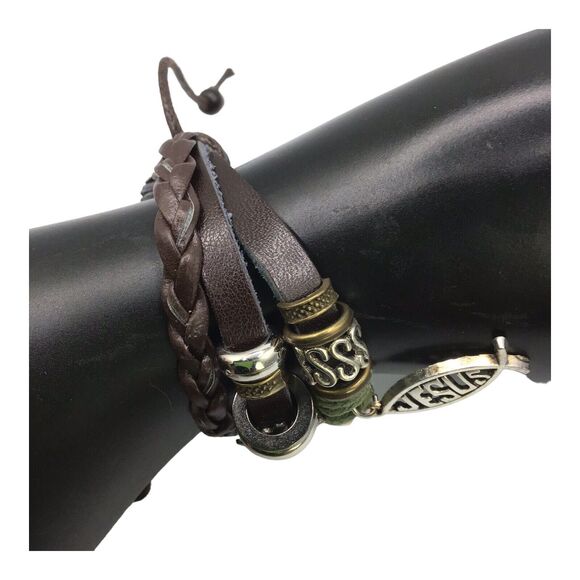 Jesus ICHTHUS Fish Charm Leather Adjustable Bracelet Set Boho Stack 6.5–7.5 in - Picture 8 of 15